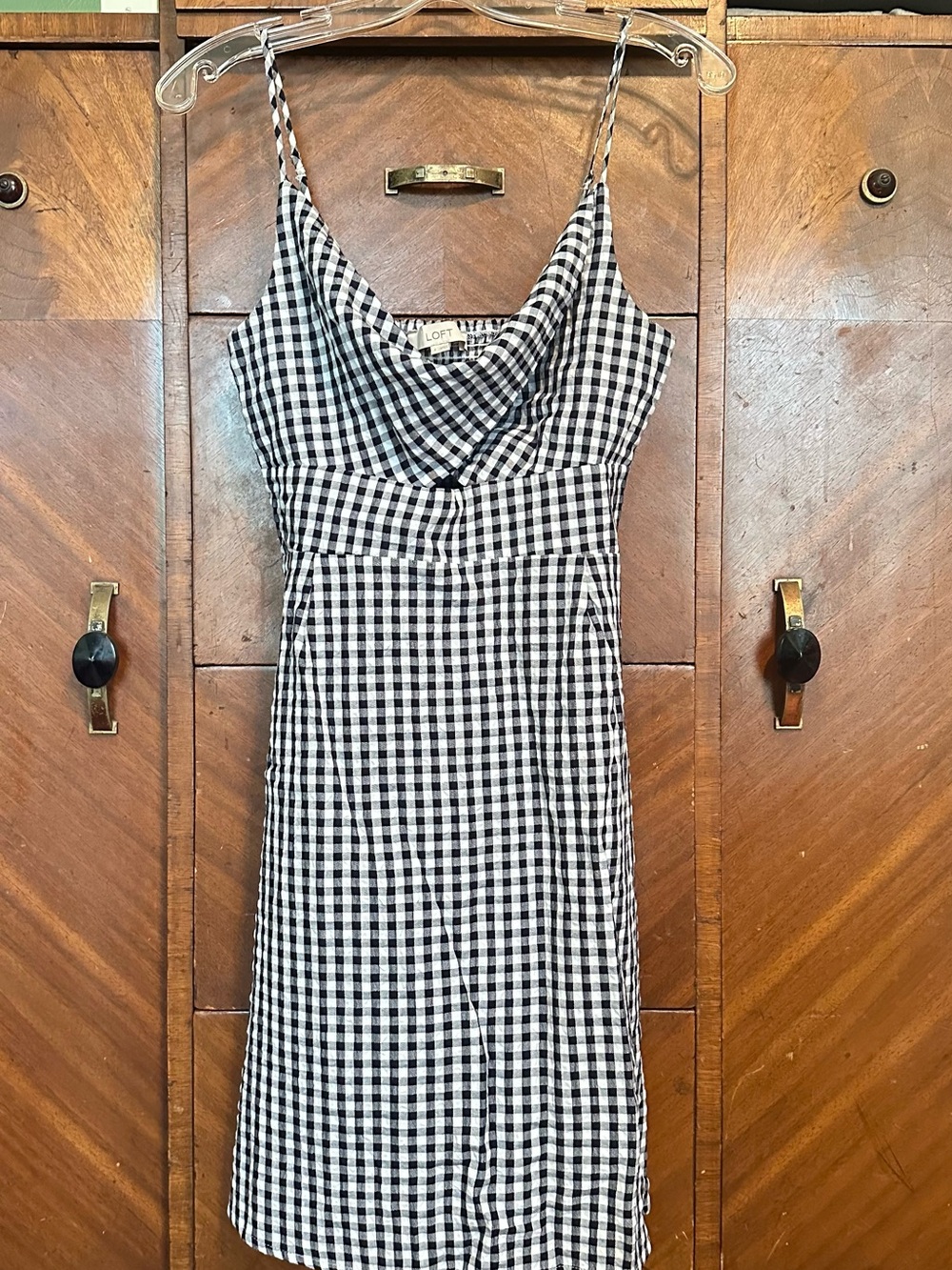 LOFT Black & White Gingham Midi Slip Dress